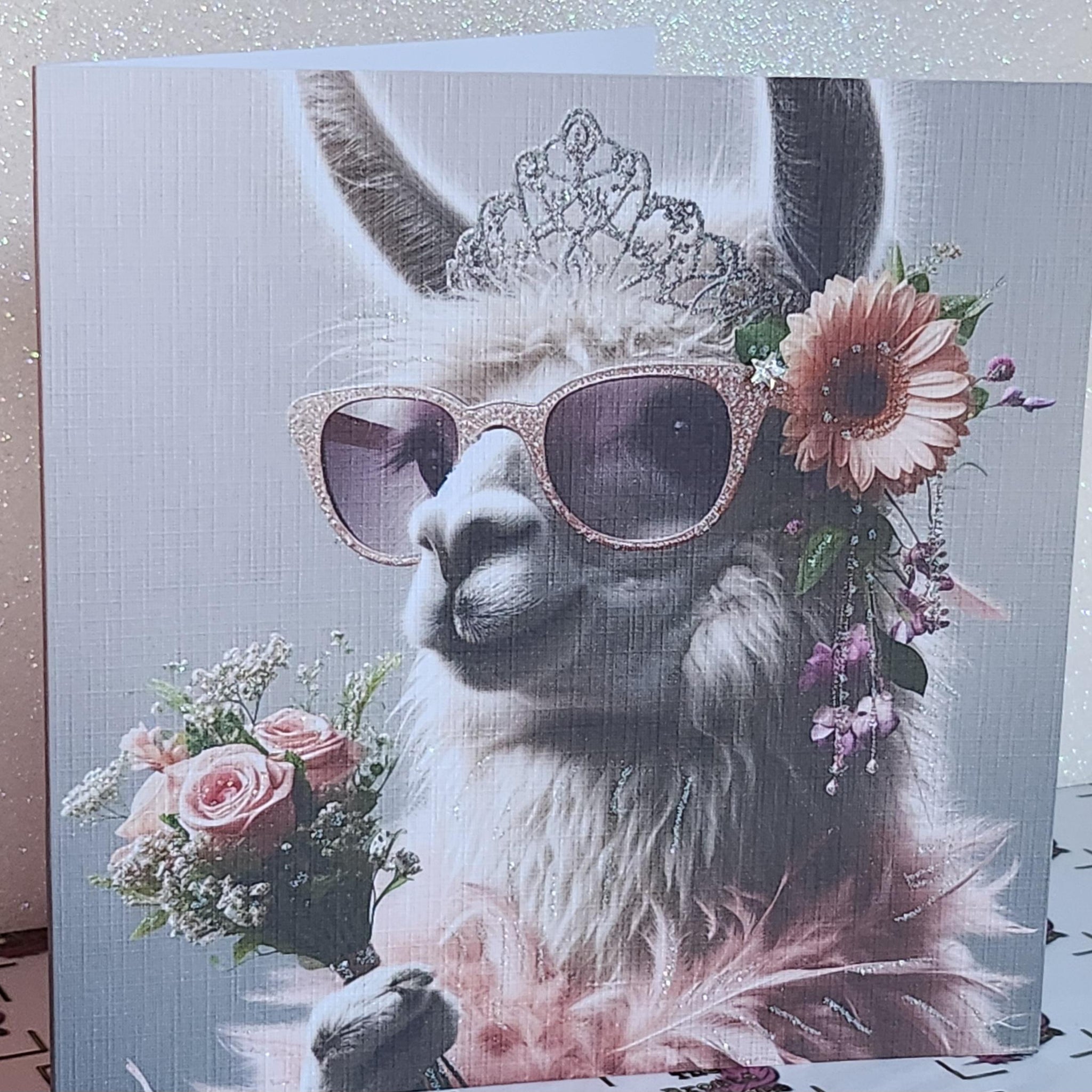 Llama Birthday Card Llama With Flowers & Diamante Sunglasses Swarovski Crystal Handmade White Linen Effect Card Square Free Delivery