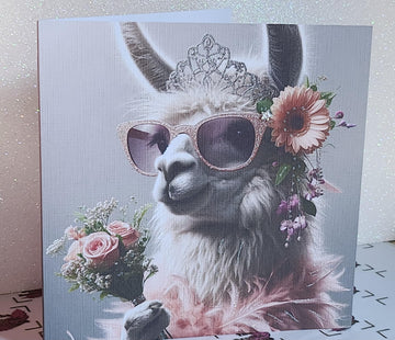 Llama Birthday Card Llama With Flowers & Diamante Sunglasses Swarovski Crystal Handmade White Linen Effect Card Square Free Delivery