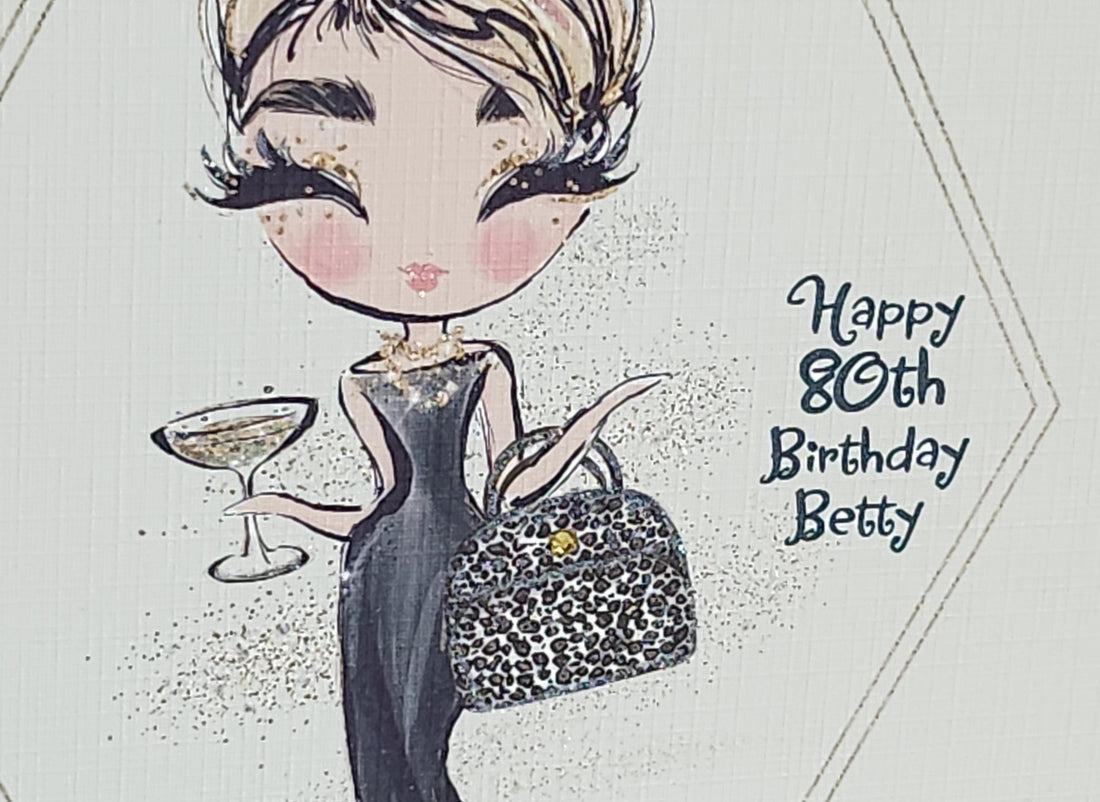 80th Birthday Card Blonde Girl Black Dress Leopard Print Handbag Linen Square Personalised Name Messy Bun Swarovski Crystal Free Delivery