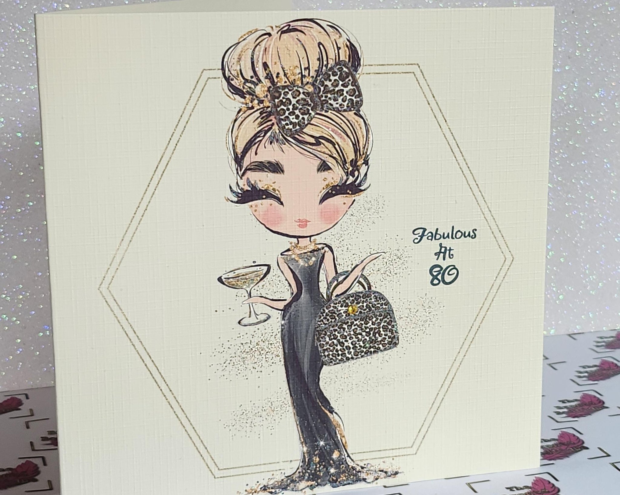 Fabulous At 80 Birthday Card Blonde Lady Black Dress Leopard Print Handbag Linen Square Champagne Messy Bun Swarovski Crystal Free Delivery