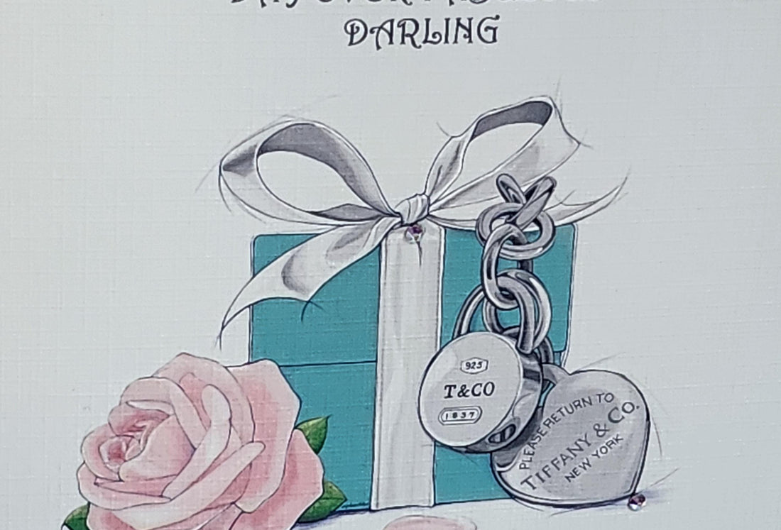 Tiffany Box Birthday Card Watercolour Tiffany Gift Box 'Fabulous Darling' Flat Backed Swarovski Crystal Ivory Linen Effect Free Delivery