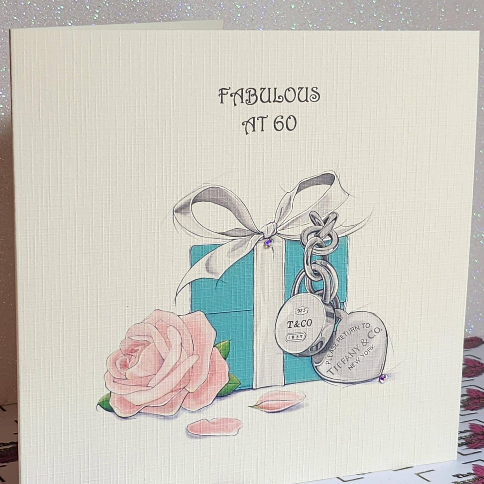 Fabulous At 60 Birthday Card Watercolour Tiffany Gift Box And Flower Genuine Flat Backed Swarovski Crystal Ivory Linen Effect Free Delivery