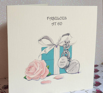 Fabulous At 60 Birthday Card Watercolour Tiffany Gift Box And Flower Genuine Flat Backed Swarovski Crystal Ivory Linen Effect Free Delivery