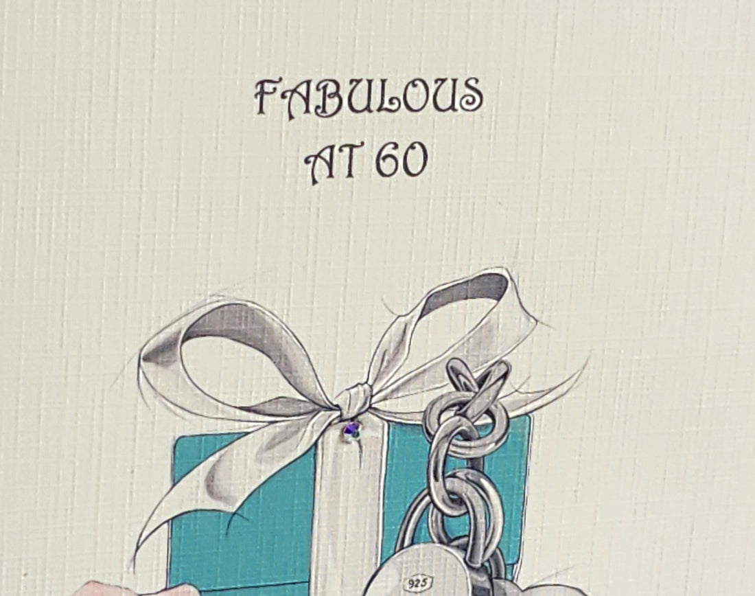 Fabulous At 60 Birthday Card Watercolour Tiffany Gift Box And Flower Genuine Flat Backed Swarovski Crystal Ivory Linen Effect Free Delivery