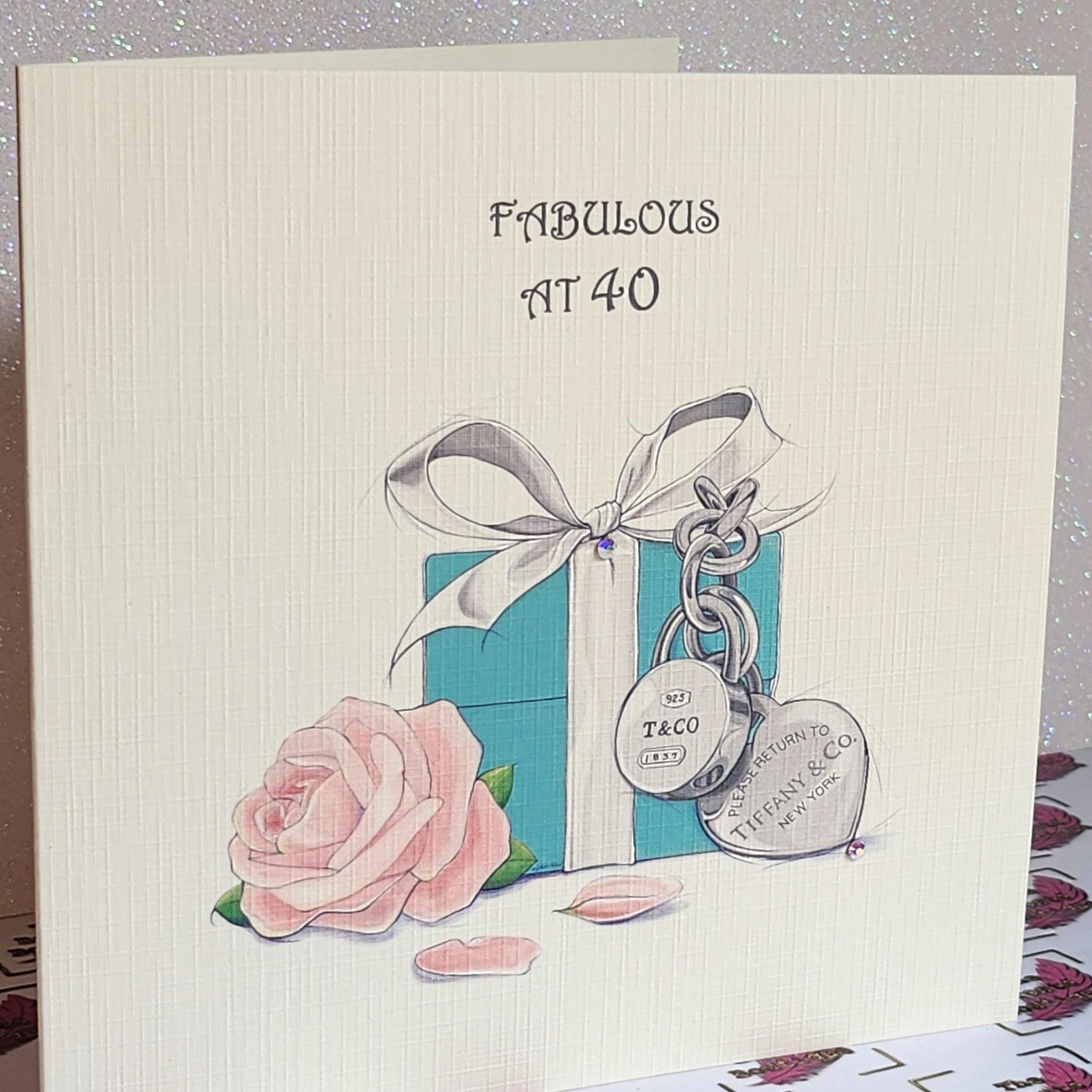 Fabulous At 40 Birthday Card Watercolour Tiffany Gift Box And Flower Genuine Flat Backed Swarovski Crystal Ivory Linen Effect Free Delivery