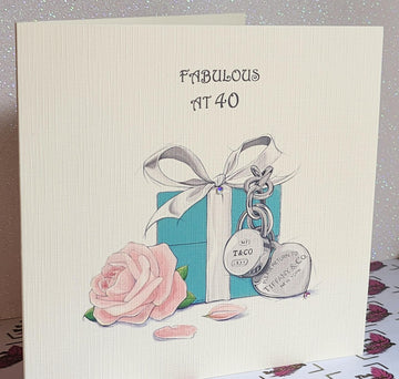 Fabulous At 40 Birthday Card Watercolour Tiffany Gift Box And Flower Genuine Flat Backed Swarovski Crystal Ivory Linen Effect Free Delivery