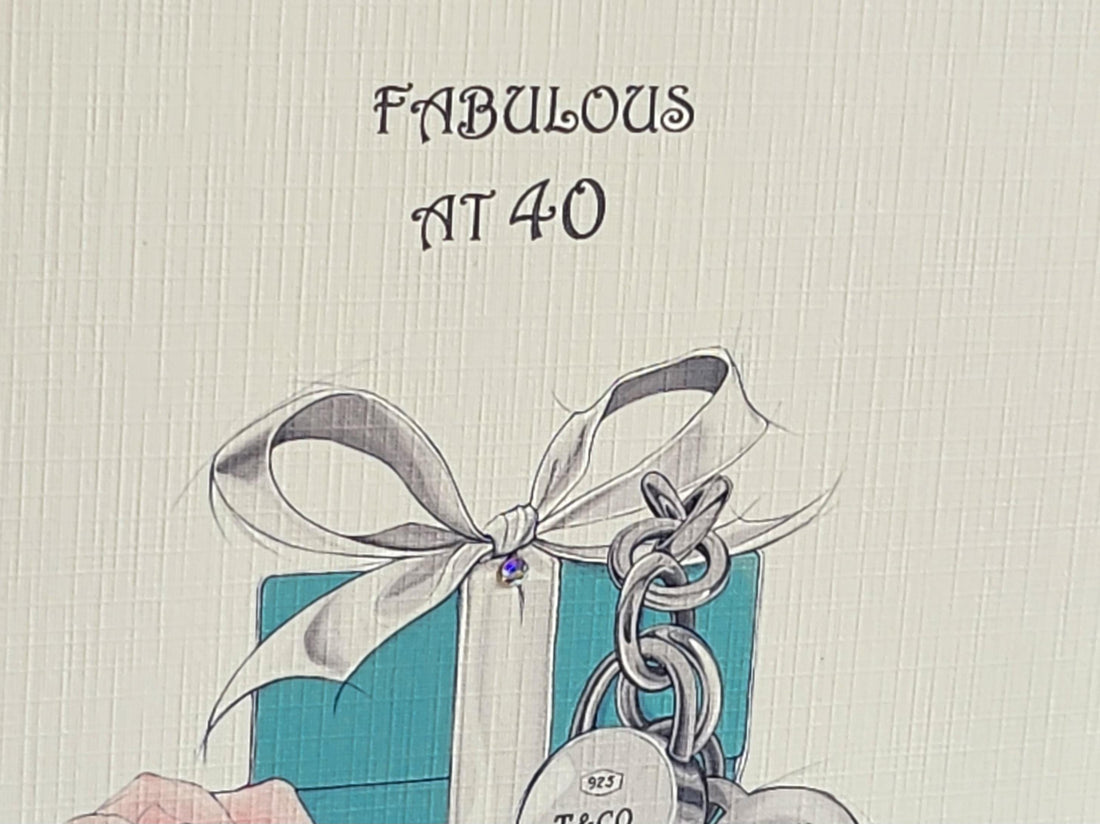 Fabulous At 40 Birthday Card Watercolour Tiffany Gift Box And Flower Genuine Flat Backed Swarovski Crystal Ivory Linen Effect Free Delivery