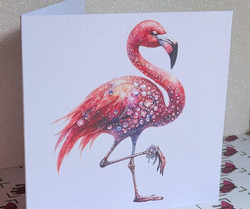 Flamingo Birthday Card Pink Flamingo With Swarovski Flat Backed Crystals Glitter Handmade Linen Effect Card Square Free Delivery Friend