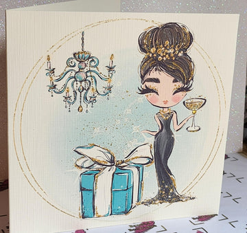 Birthday Card Brunette Girl Black Dress Champagne Glass Tiffany Gift Box Chandelier Messy Bun Swarovski Crystal Square Linen Free Delivery