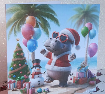 Hippo Christmas Card Dancing Santa Hippo Wearing Santa Outfit On Beach Christmas Tree Snowman And Presents Son Daughter Free Delivery