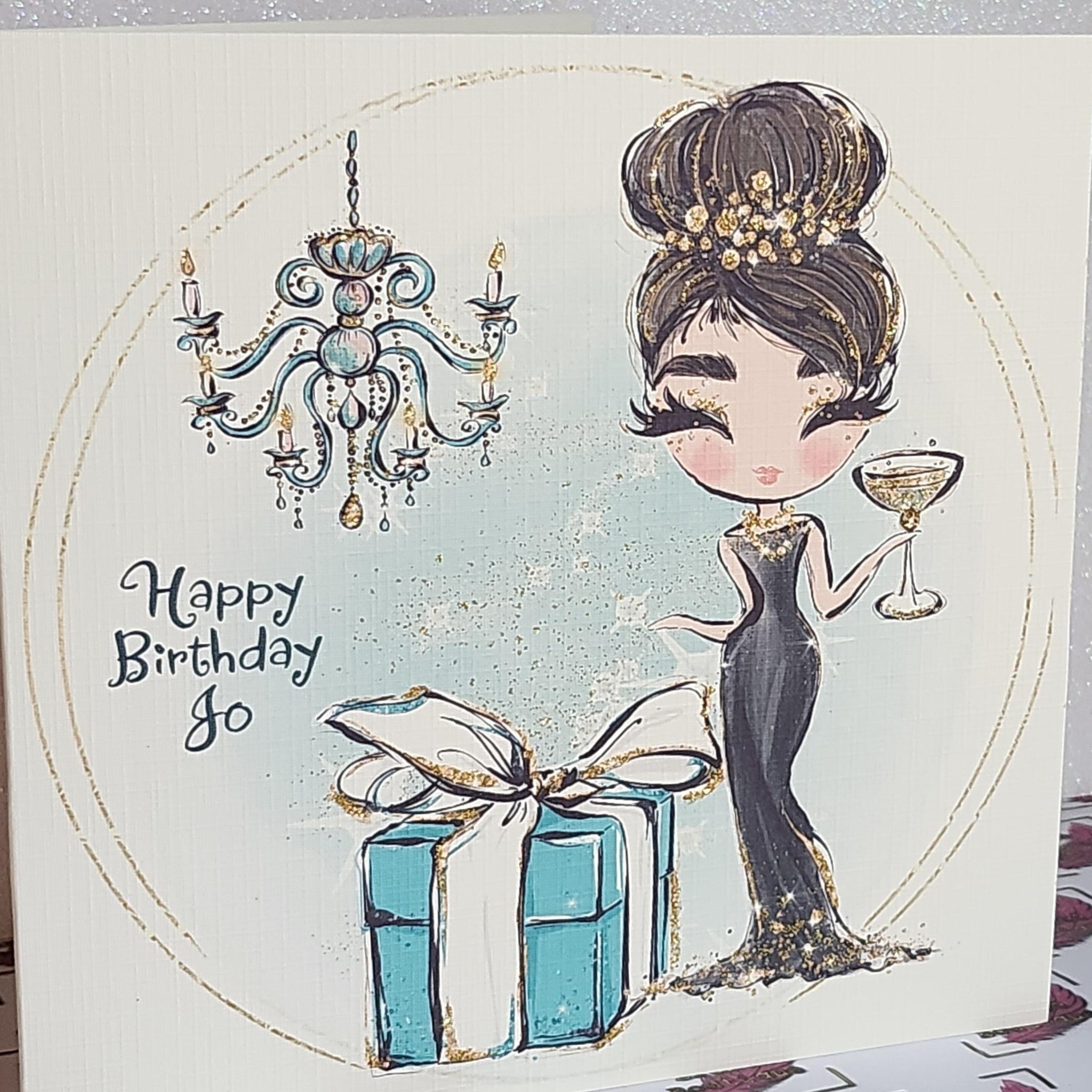 Personalised Birthday Card Brunette Girl Diva Black Dress Champagne Glass Tiffany Gift Box Choice Of Name Swarovski Crystal Free Delivery