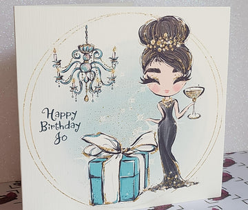 Personalised Birthday Card Brunette Girl Diva Black Dress Champagne Glass Tiffany Gift Box Choice Of Name Swarovski Crystal Free Delivery