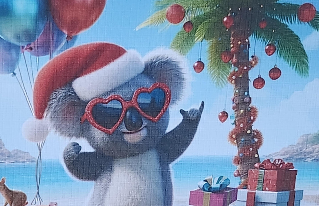 Koala Christmas Card Dancing Koala Bear Wearing Santa Hat On Beach Festive Palm Tree Balloons And Presents Son Daughter Free Delivery