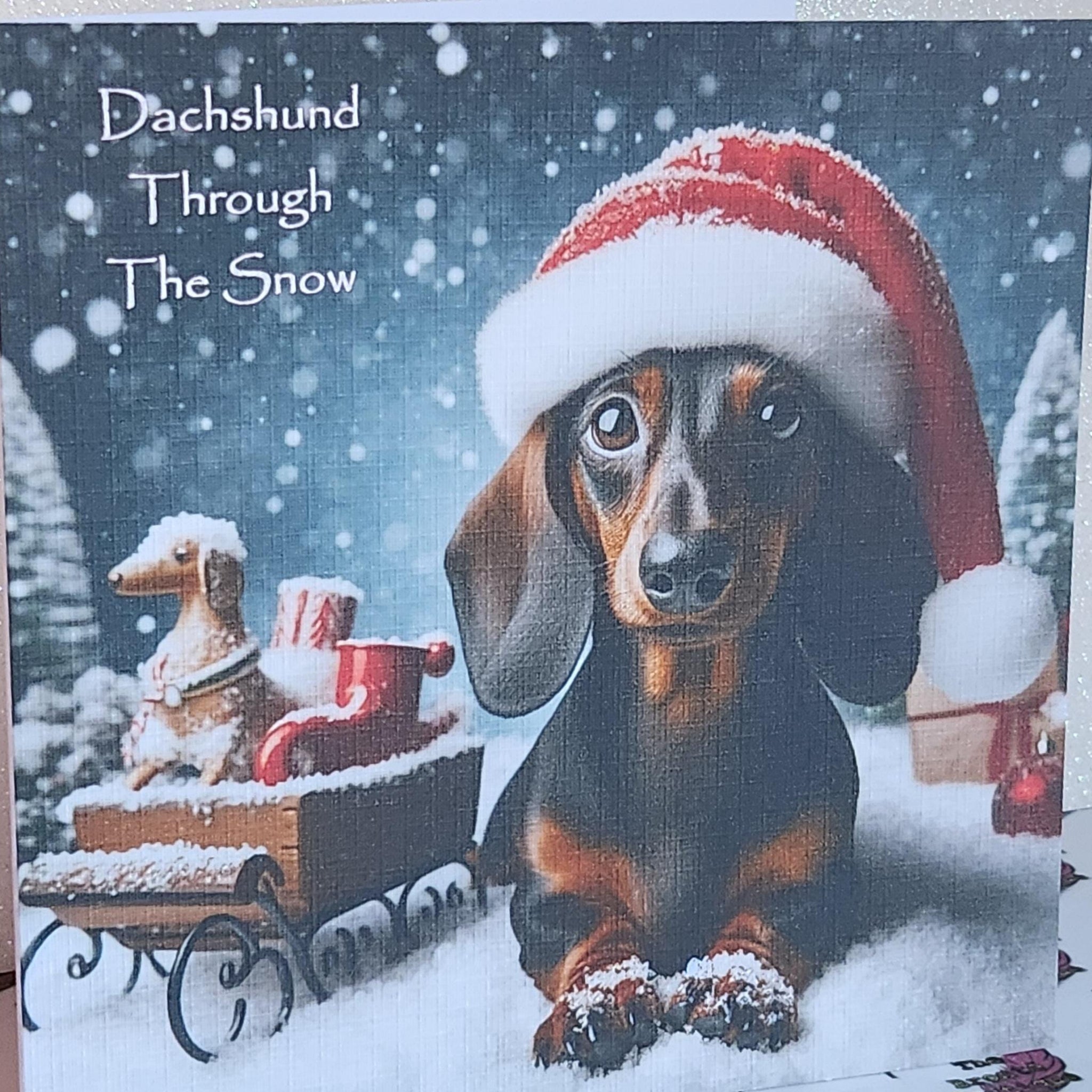 Dachshund Christmas Card 'Dachshund Through The Snow' Dachshund Wearing Santa Hat With Sleigh Christmas Card Festive Scene  Free Delivery