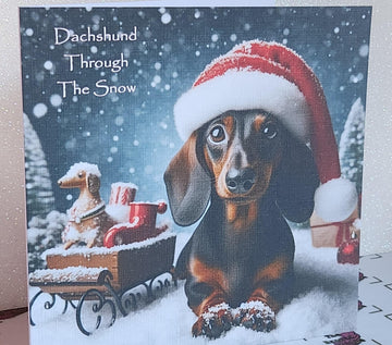 Dachshund Christmas Card 'Dachshund Through The Snow' Dachshund Wearing Santa Hat With Sleigh Christmas Card Festive Scene  Free Delivery