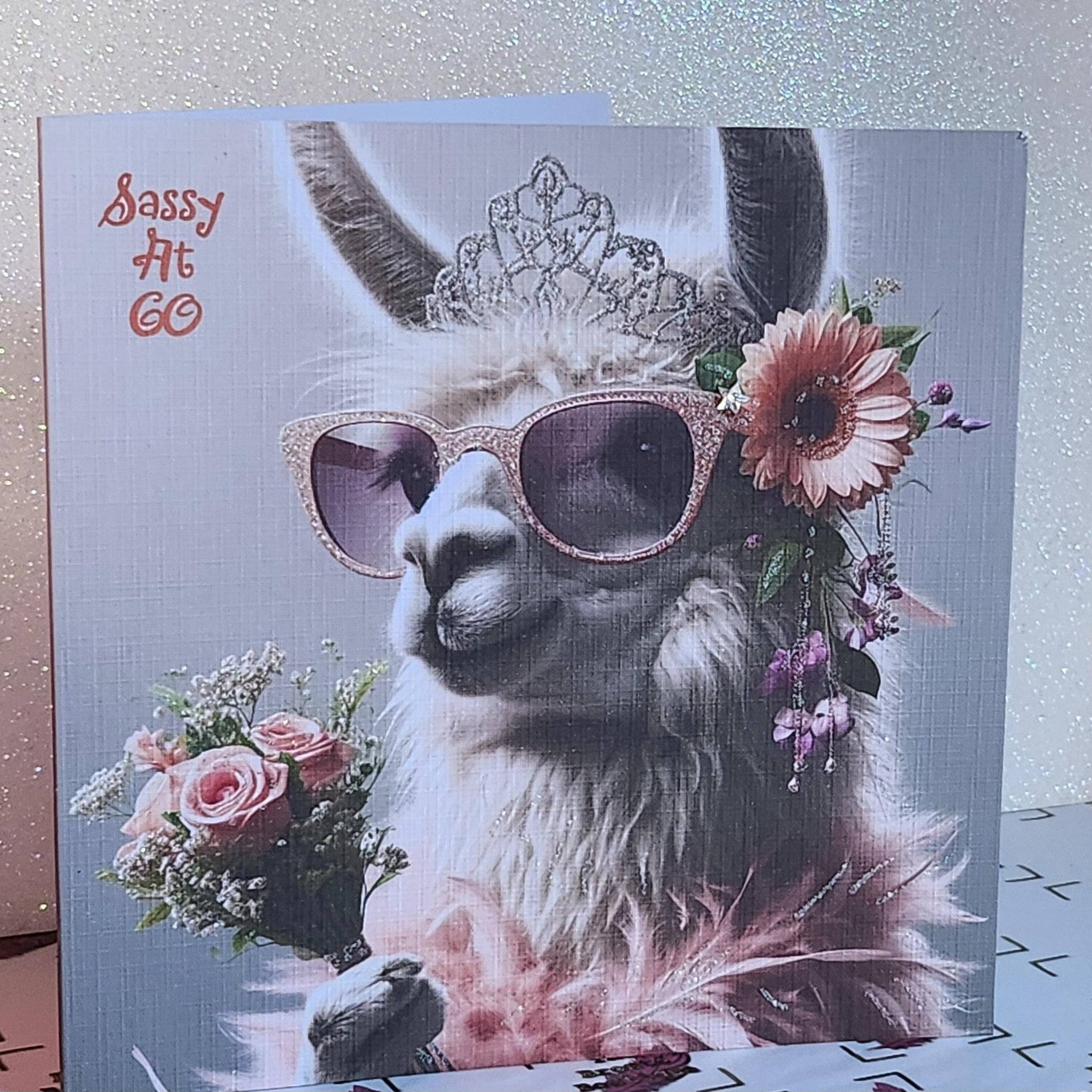 Llama 60th Birthday Card Llama With Flowers & Diamante Sunglasses Swarovski Crystal Handmade White Linen Effect Card Square Free Delivery