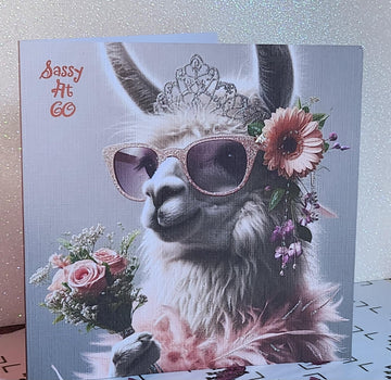 Llama 60th Birthday Card Llama With Flowers & Diamante Sunglasses Swarovski Crystal Handmade White Linen Effect Card Square Free Delivery