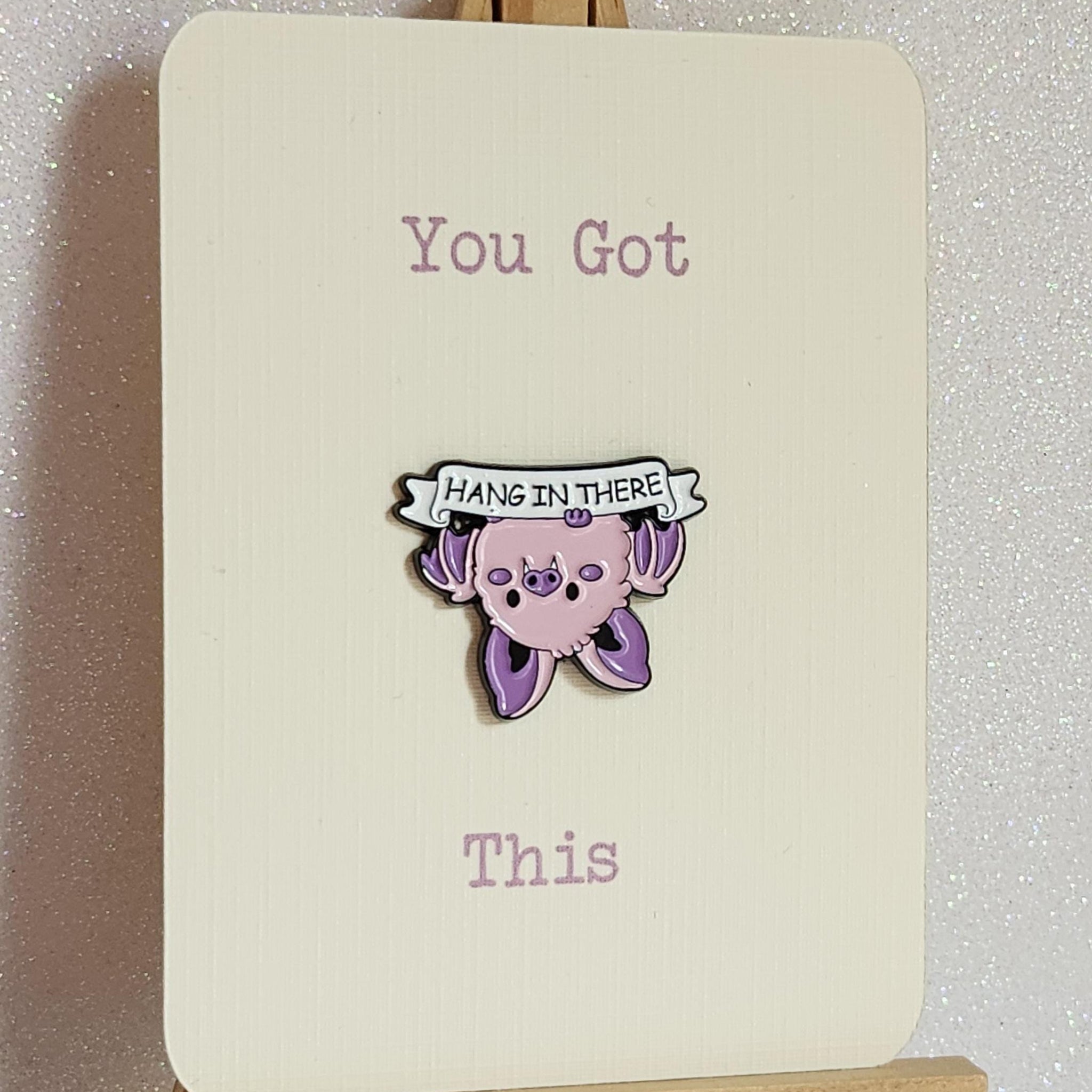 Positive Affirmation Enamel Pin Badge On Gift Card 'You Got This Hang In There'  Cute Purple Bat Mental Health Anti Bullying Self Love