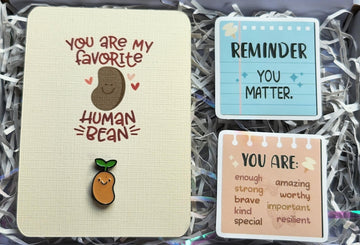 Mental Health Gift Box With Enamel Pin Badge 'You Are My Favourite Human Bean' Vinyl Stickers Positivity Personalised Option Self Love