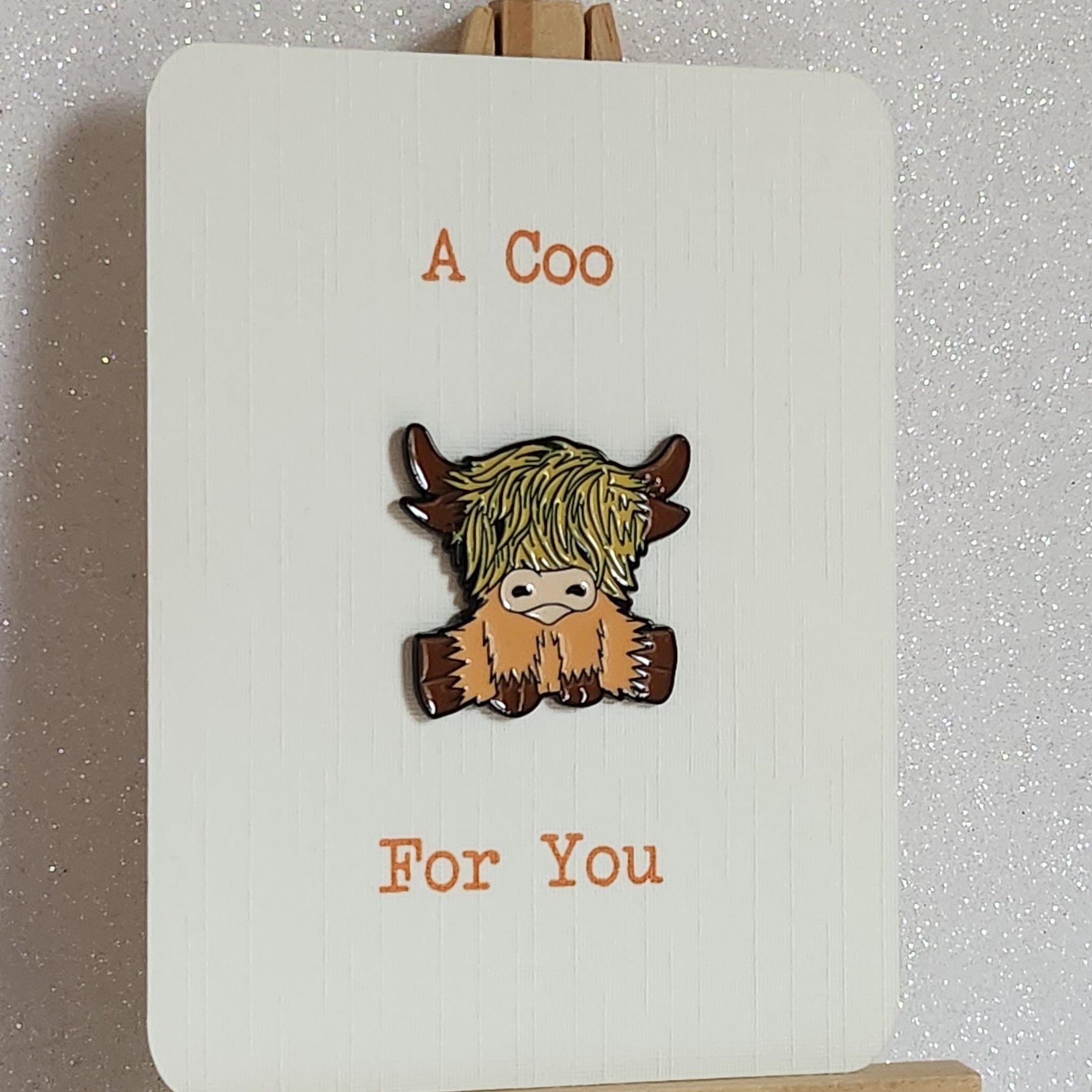 Highland Cow Enamel Pin Badge On Gift Card Brown And Orange Highland Coo Badge 'A Coo For Ewe' Friendship Birthday Positivity Mental Health