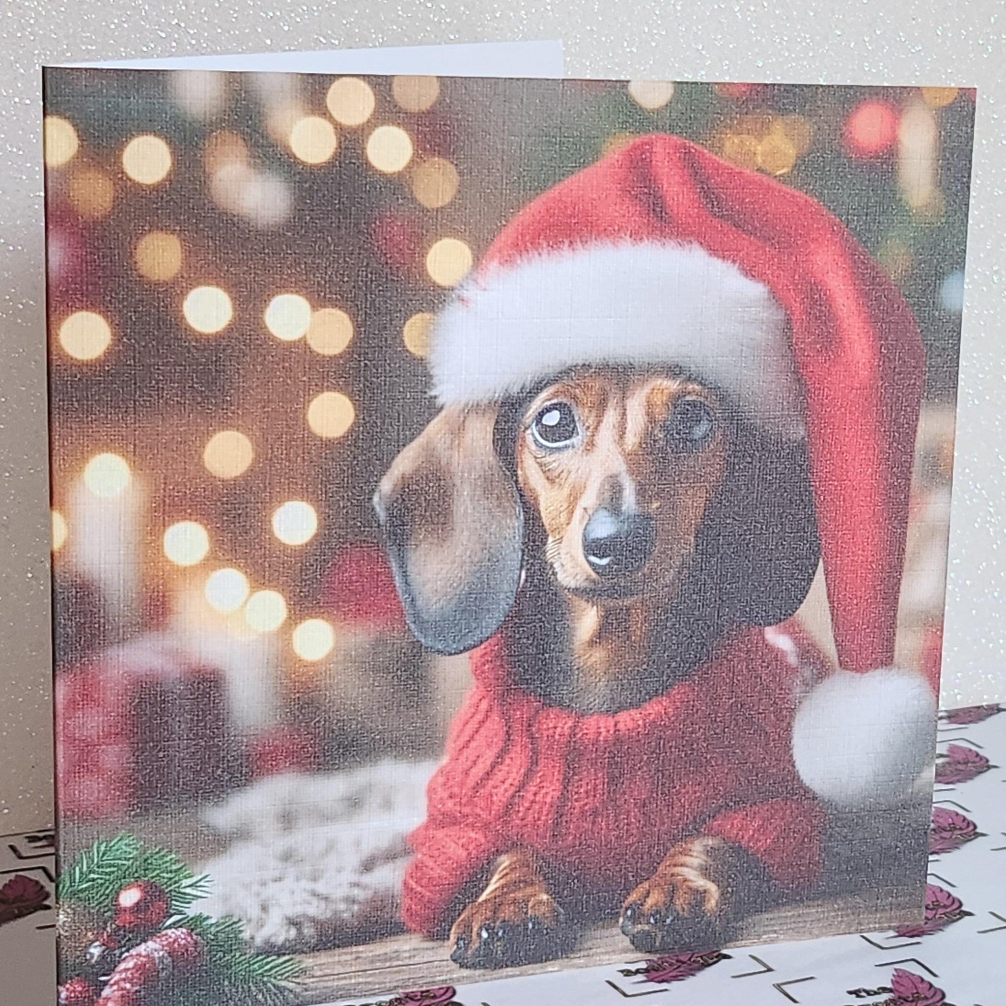 Dachshund Christmas Card Dachshund Through The Snow Dachshund Wearing Santa Hat With Christmas Tree Fur Baby Festive Scene  Free Delivery