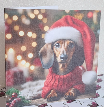 Dachshund Christmas Card Dachshund Through The Snow Dachshund Wearing Santa Hat With Christmas Tree Fur Baby Festive Scene  Free Delivery