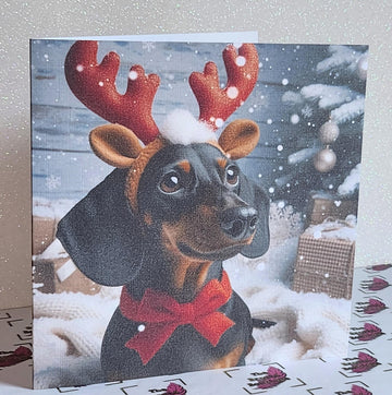 Dachshund Christmas Card Dachshund Wearing Reindeer Antlers With Christmas Tree Snow Fur Baby Festive Scene Christmas Gifts Free Delivery