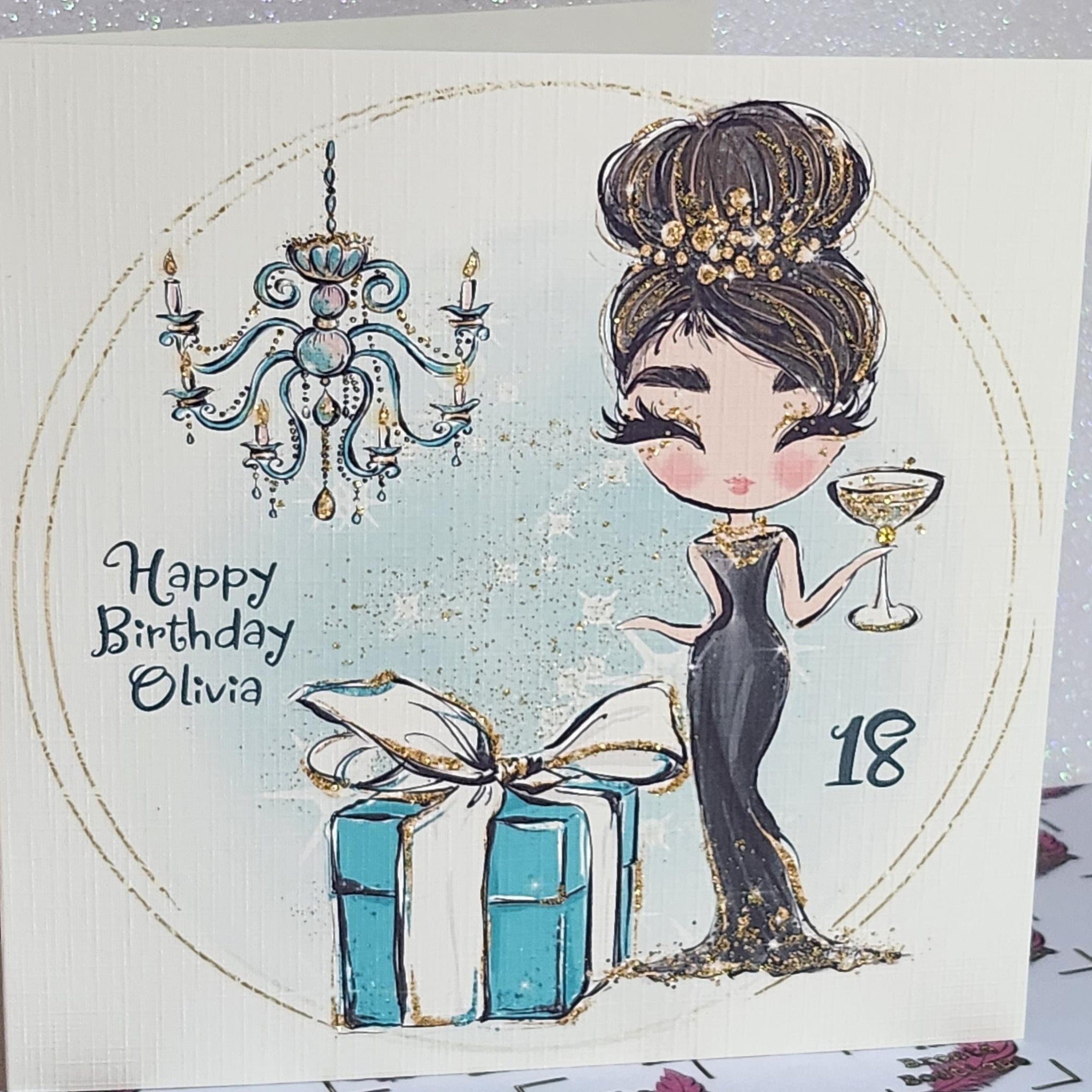 Personalised Birthday Card Brunette Girl Black Dress Champagne Glass Tiffany Gift Box Choice Of Name & Age  Swarovski Crystal Free Delivery