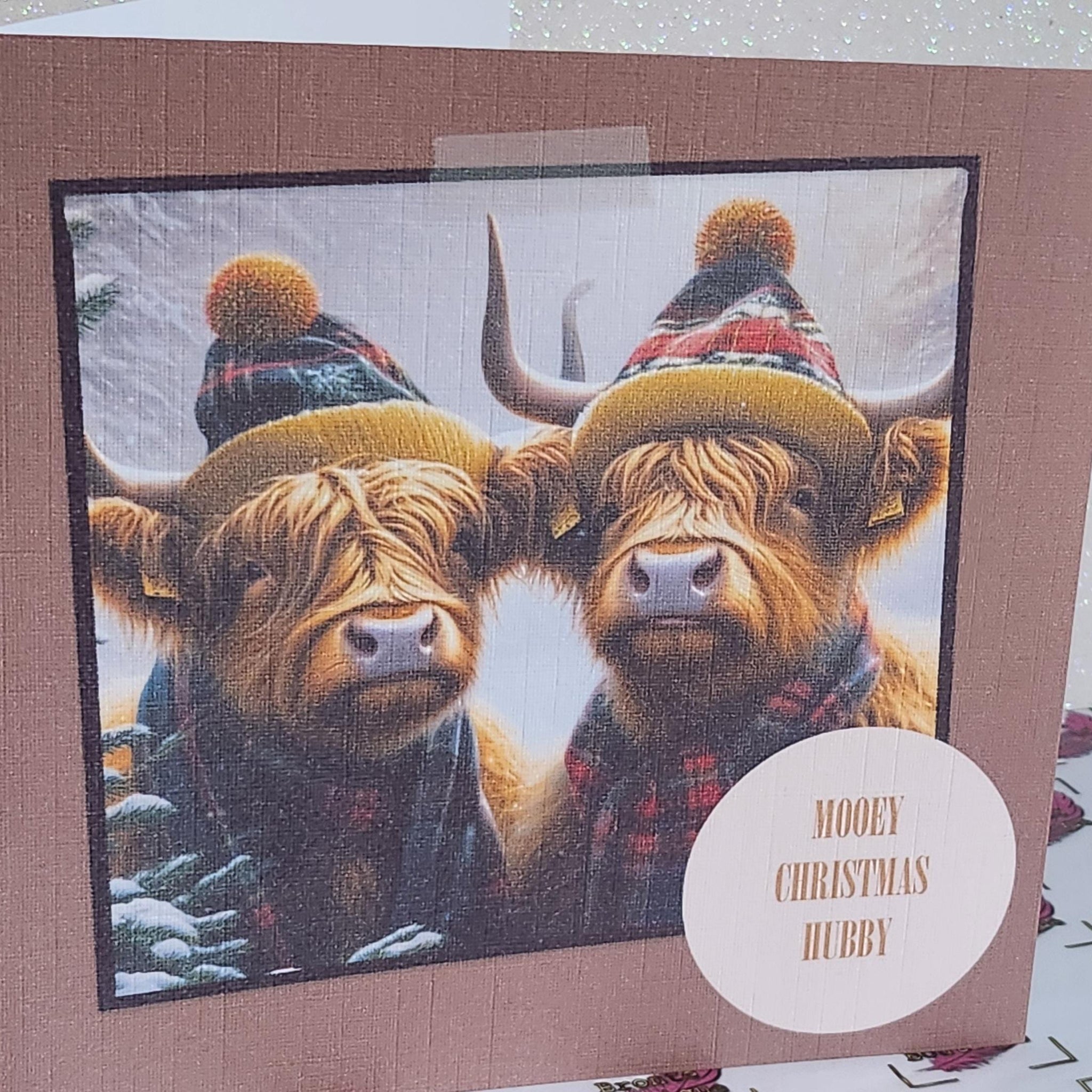 Highland Cow Christmas Card Highland Cow Couple Handmade 'Mooey Christmas Hubby' Husband Highland Coo Bobble Hats And Scarf Free Delivery