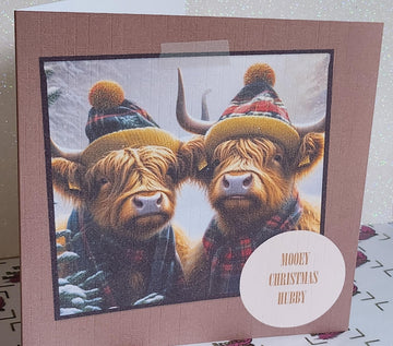 Highland Cow Christmas Card Highland Cow Couple Handmade 'Mooey Christmas Hubby' Husband Highland Coo Bobble Hats And Scarf Free Delivery