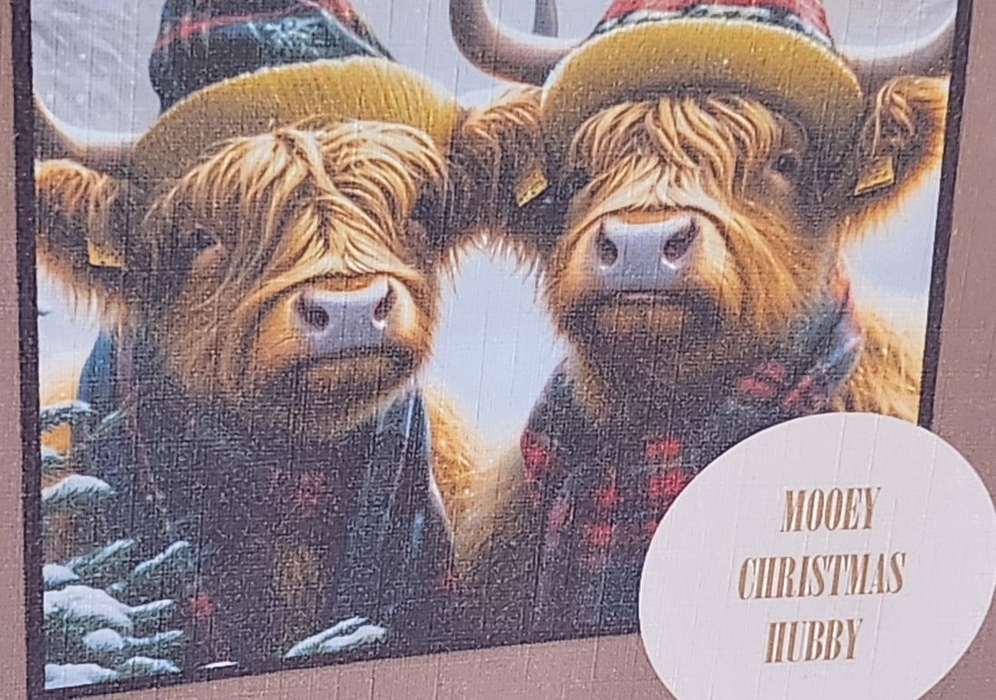 Highland Cow Christmas Card Highland Cow Couple Handmade 'Mooey Christmas Hubby' Husband Highland Coo Bobble Hats And Scarf Free Delivery