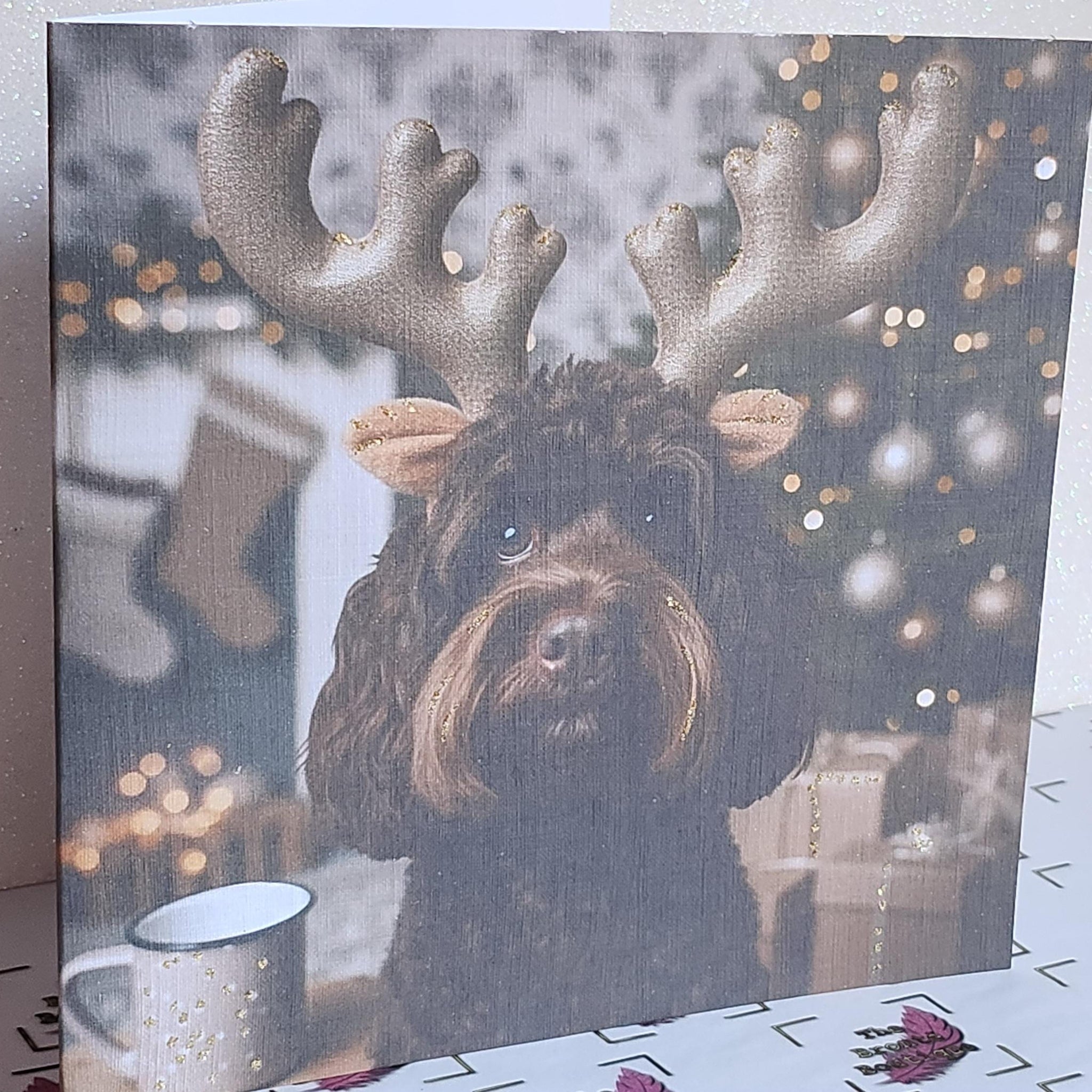 Cockapoo Christmas Card Cockapoo Wearing Gold Reindeer Antlers With Christmas Tree Snow Fur Baby  Free Delivery