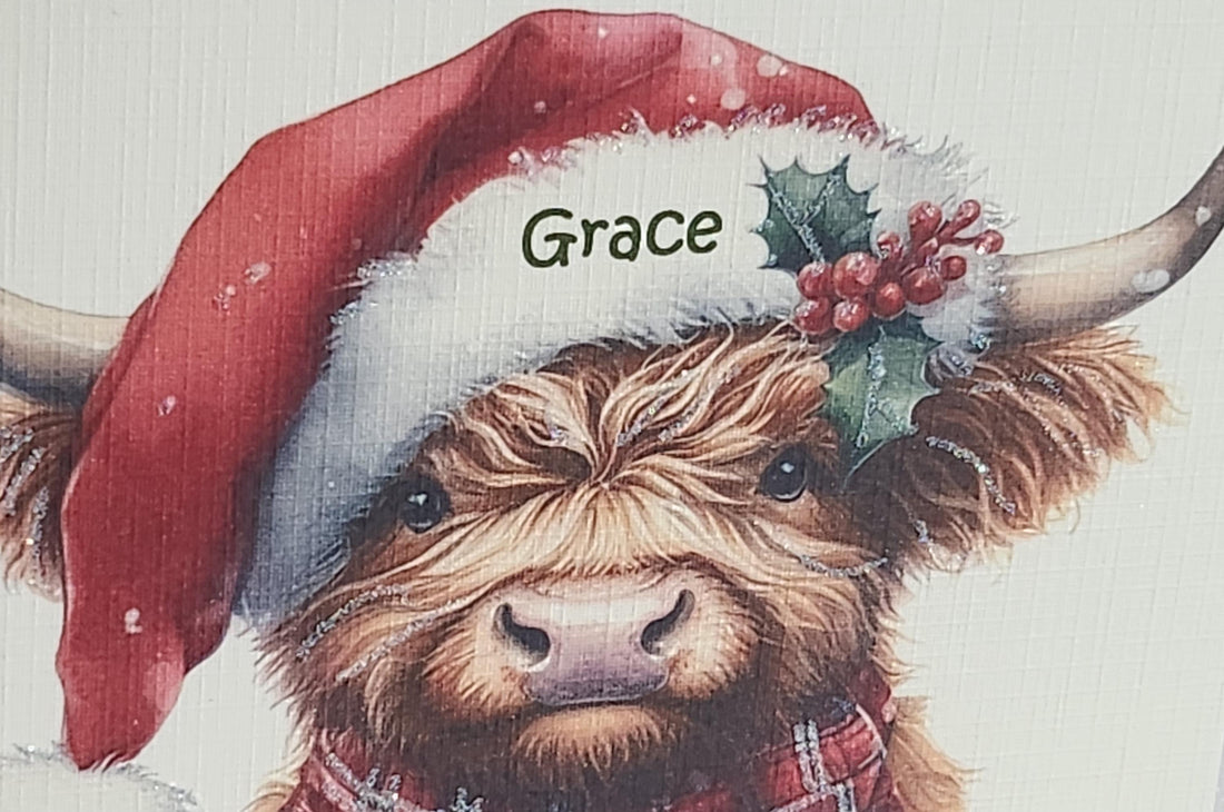 Highland Cow Christmas Card Highland Coo With Santa Hat Scarf And Holly Personalised Handmade Glitter Ivory Linen Effect  Free Delivery