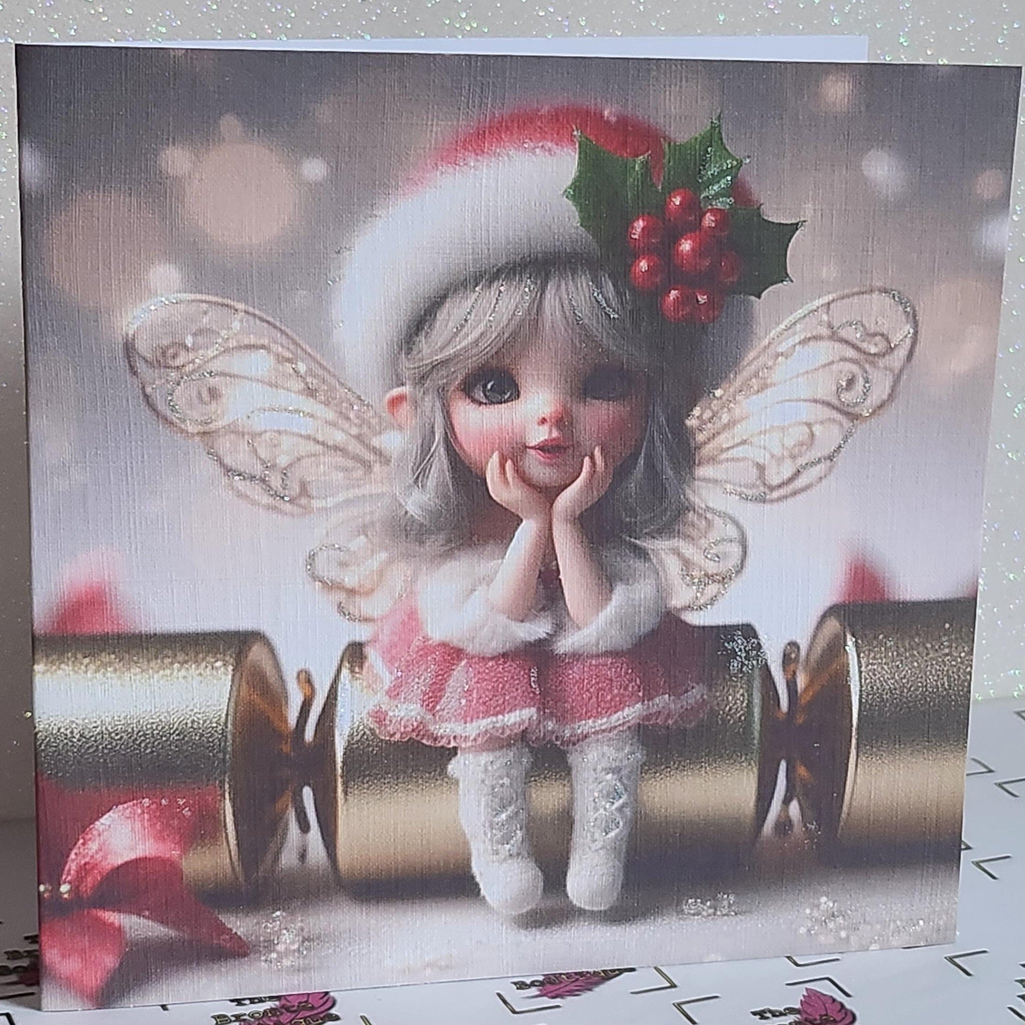 Christmas Fairy Card Fairy Sat On Christmas Cracker Wearing Santa Hat Daughter Grandaughter Glitter Linen Effect Holidays Free Delivery