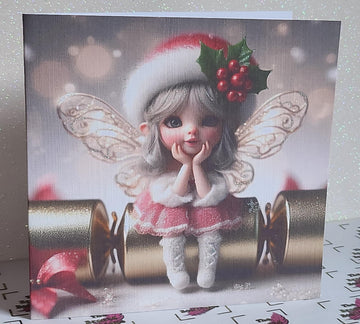 Christmas Fairy Card Fairy Sat On Christmas Cracker Wearing Santa Hat Daughter Grandaughter Glitter Linen Effect Holidays Free Delivery