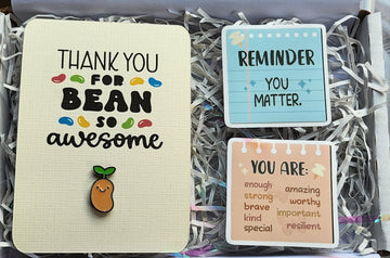 Mental Health Gift Box With Enamel Pin Badge 'Thank You For Bean So Awesome' Vinyl Stickers Positivity Personalised Option Self Love