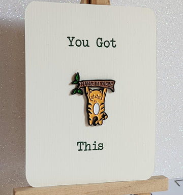 Positive Affirmation Enamel Pin Badge 'Hang In There' Cute Tabby Cat You Got This On Gift Card Mental Health Self Love Suicide Prevention