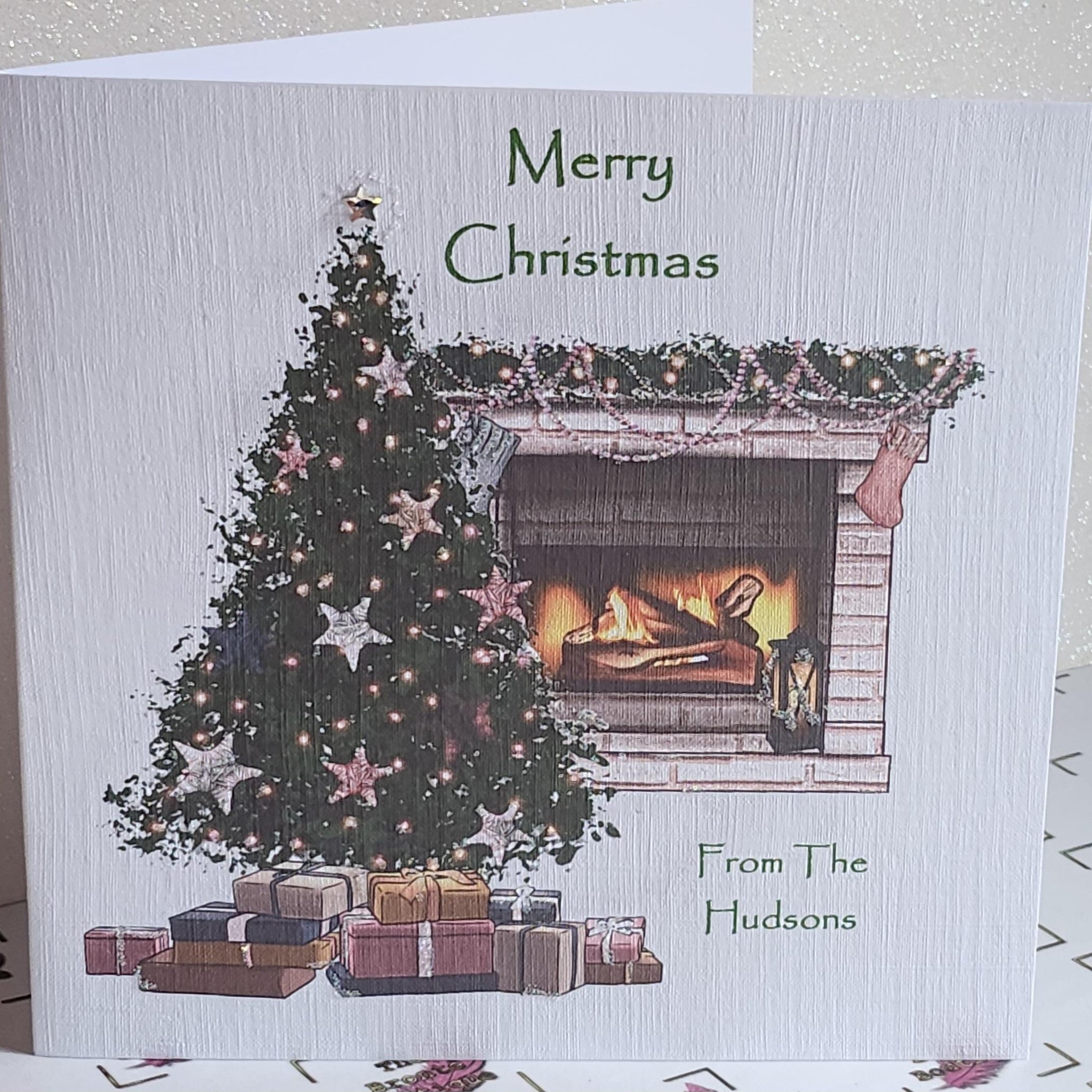 Personalised Christmas Card Christmas Tree Fireplace 'Happy Christmas From The' Gifts Holidays Name Choice Swarovski Crystal Free Delivery