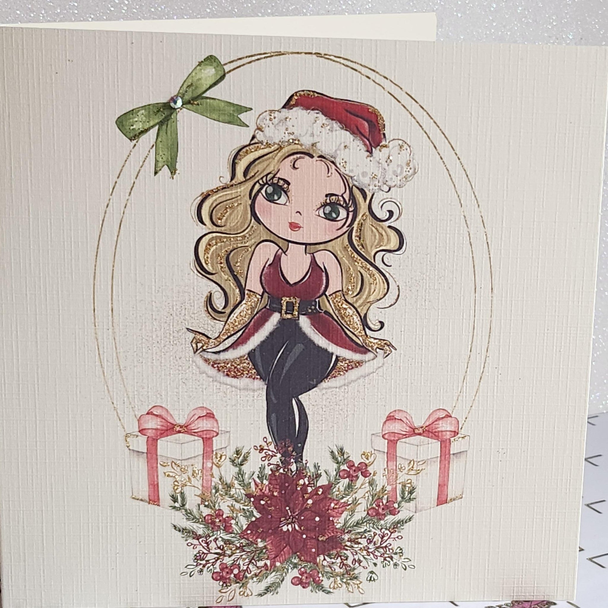 Christmas Card Blonde Girl Wearing Santa Outfit Christmas Gifts Holidays Swarovski Crystal Glitter Mum Daughter Sister Aunt Free Delivery