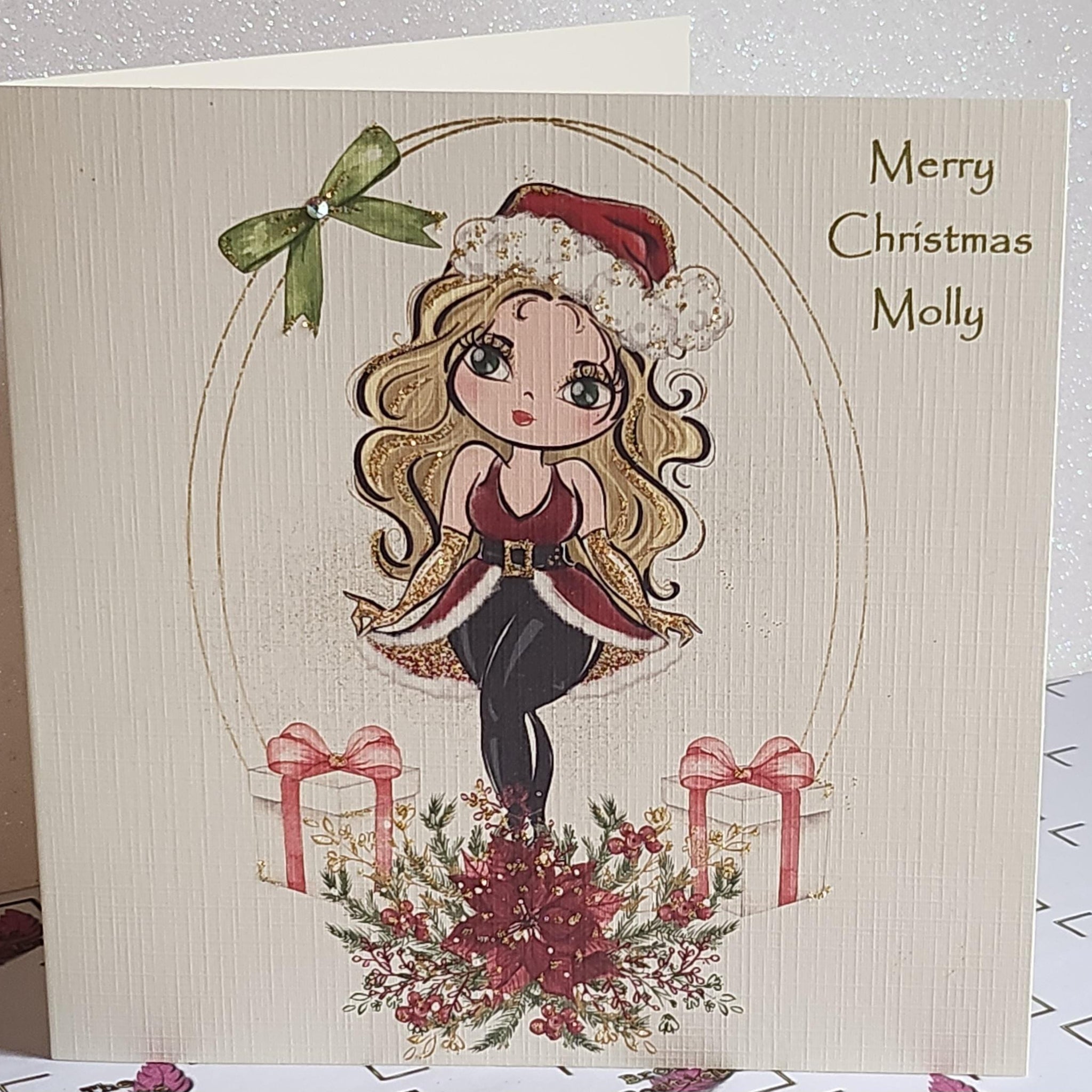 Christmas Card Blonde Girl Wearing Santa Outfit Christmas Gifts Holidays Swarovski Crystal Glitter Personalised Name Option Free Delivery