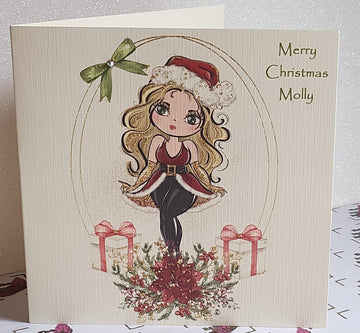 Christmas Card Blonde Girl Wearing Santa Outfit Christmas Gifts Holidays Swarovski Crystal Glitter Personalised Name Option Free Delivery