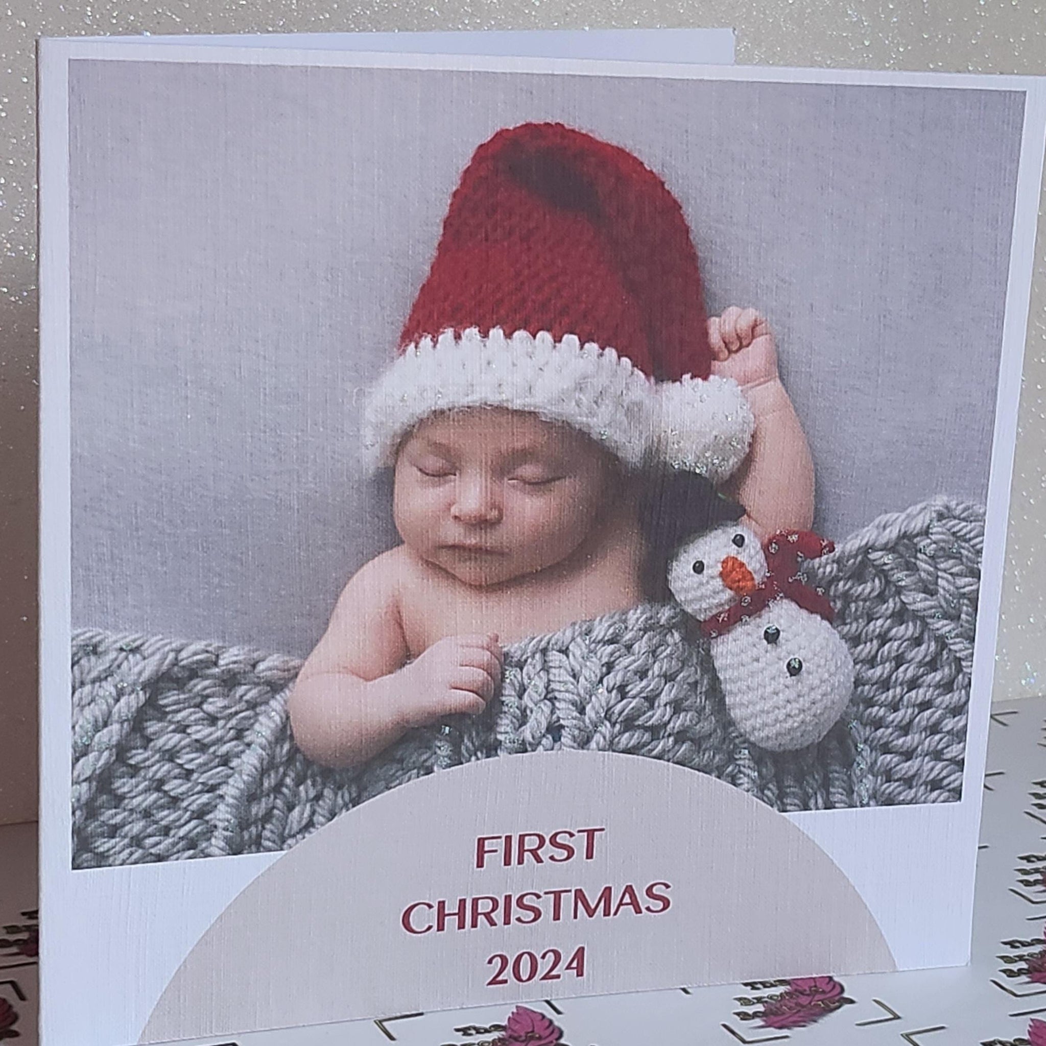 First Christmas 2024 Baby's 1st Christmas Baby In Red Santa Bobble Hat Snowman Teddy New Parents  Glitter Detail Linen Effect Free Delivery