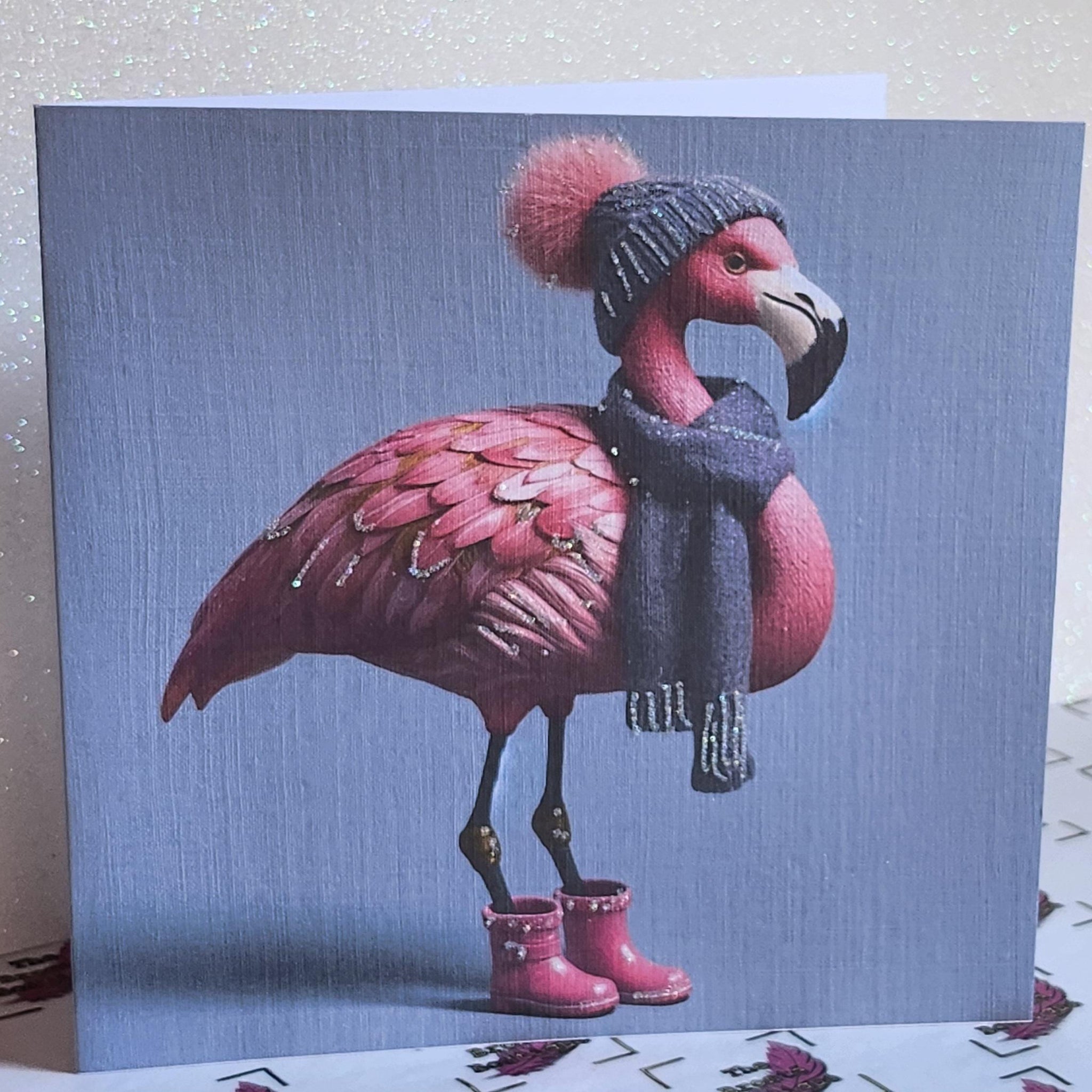 Flamingo Christmas Card ' Fabulous Festive Flamingo With Bobble Hat Scarf And Pink Wellies Glitter Detail Linen Effect Wife Free Delivery