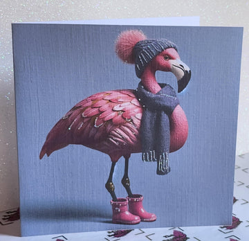 Flamingo Christmas Card ' Fabulous Festive Flamingo With Bobble Hat Scarf And Pink Wellies Glitter Detail Linen Effect Wife Free Delivery