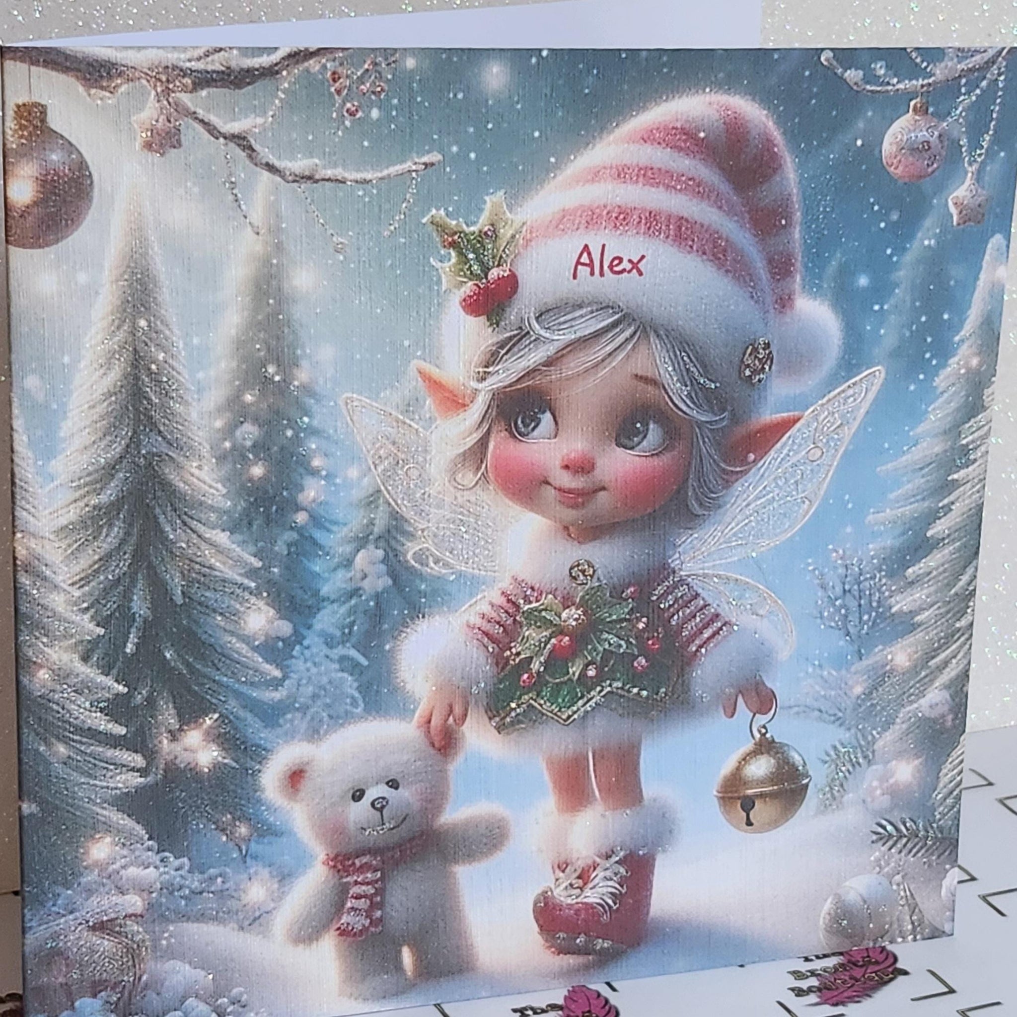 Christmas Fairy Card Handmade Personalised Fairy In Festive Scene Christmas Tree Glitter Choice Of Name Linen Effect Holidays Free Delivery