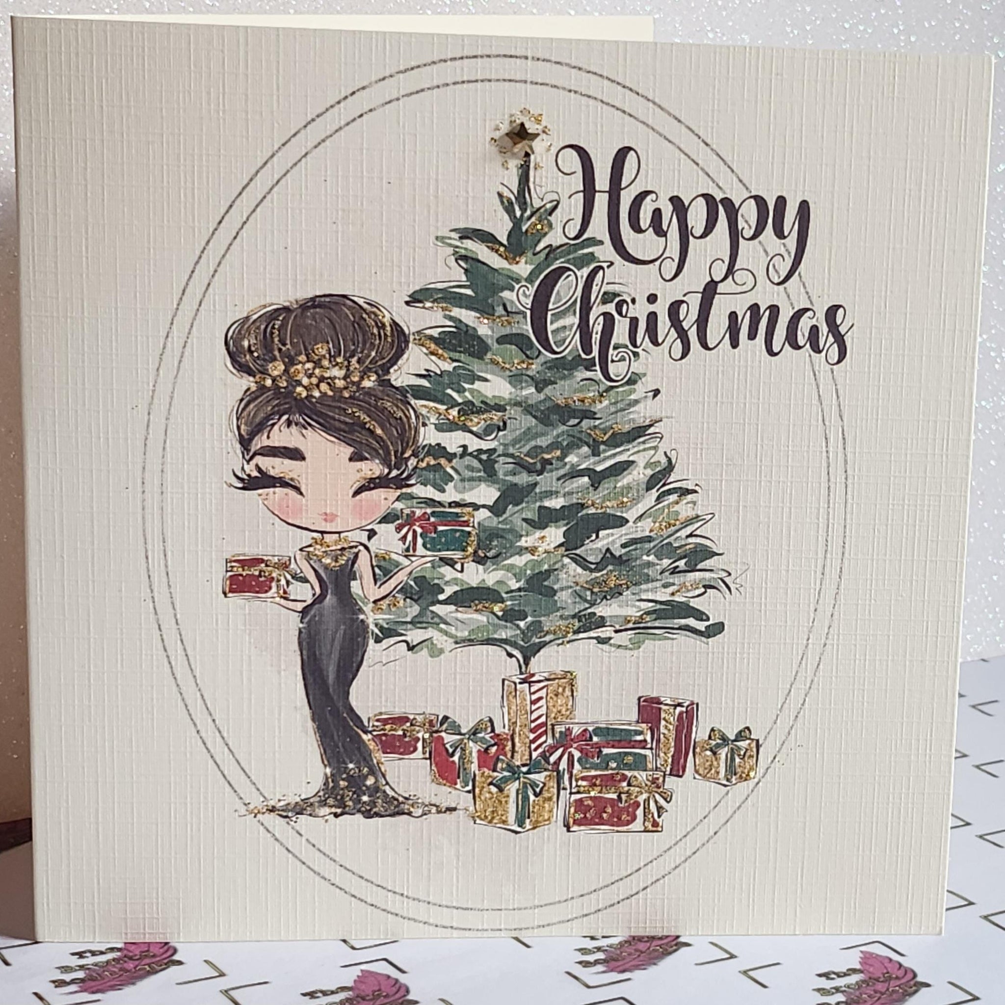 Christmas Card Brunette Girl Black Dress Christmas Tree Tiffany Gifts Holidays Swarovski Crystal Mum Daughter Sister Aunt Free Delivery