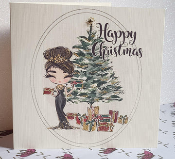 Christmas Card Brunette Girl Black Dress Christmas Tree Tiffany Gifts Holidays Swarovski Crystal Mum Daughter Sister Aunt Free Delivery