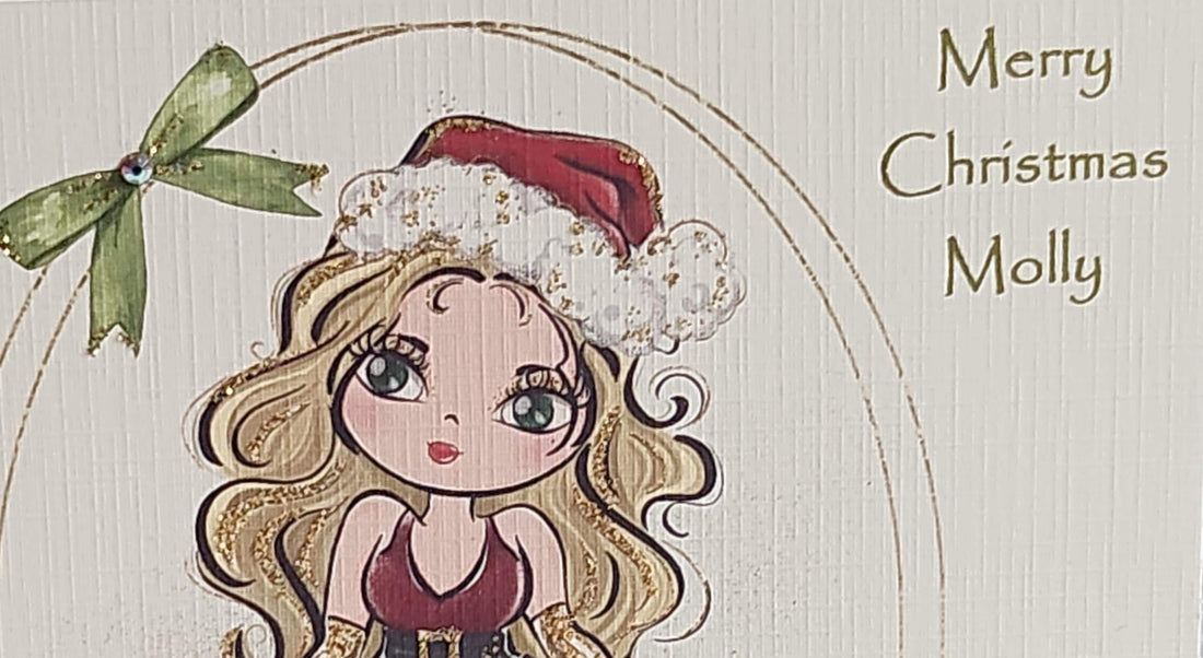 Christmas Card Blonde Girl Wearing Santa Outfit Christmas Gifts Holidays Swarovski Crystal Glitter Personalised Name Option Free Delivery