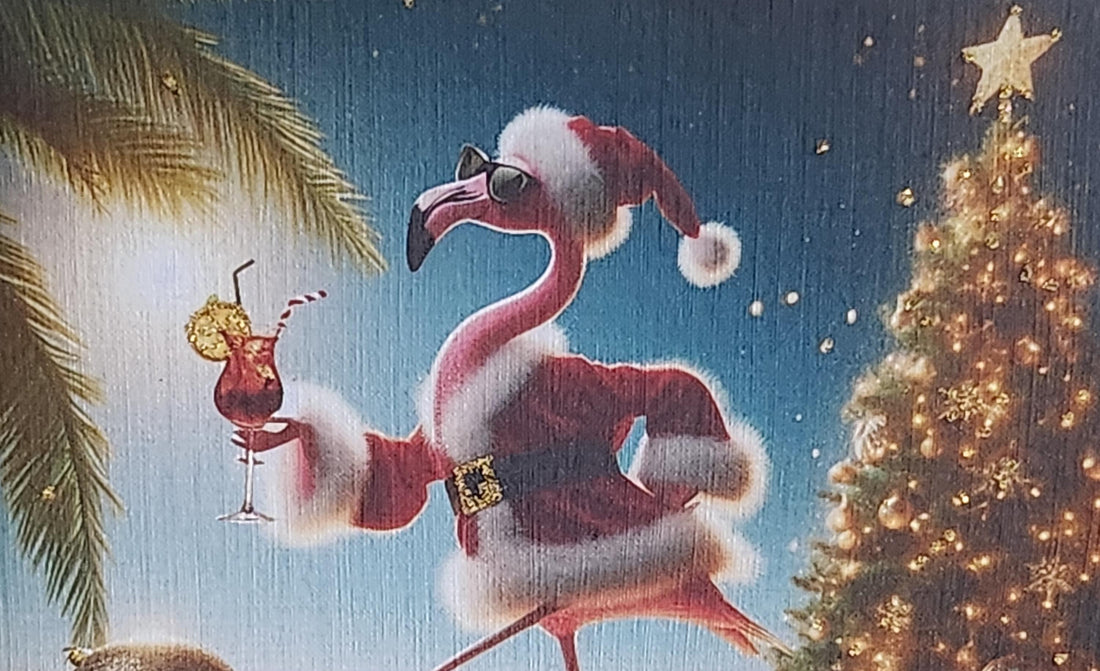 Flamingo Christmas Card 'Have A Flamazing Christmas' Flamingo Wearing Santa Outfit On Beach Gold Glitter Detail Linen Effect Free Delivery