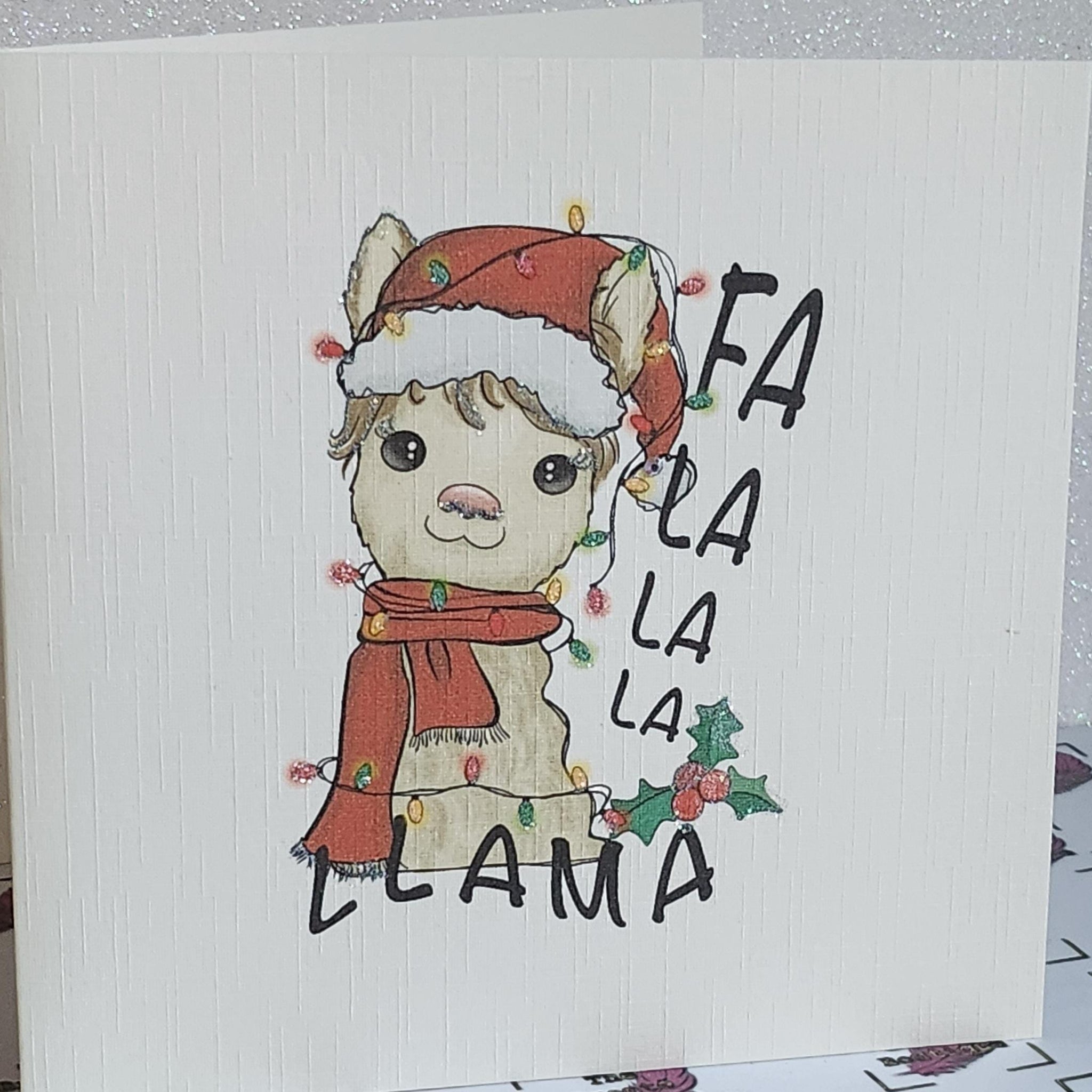 Llama Christmas Card ' Fa La La La Llama' In Santa Hat And Christmas Lights Swarovski Crystal Detail Holidays Linen Effect Free Delivery